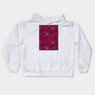 Red hibiscus and hummingbirds, tropical garden on red Kids Hoodie